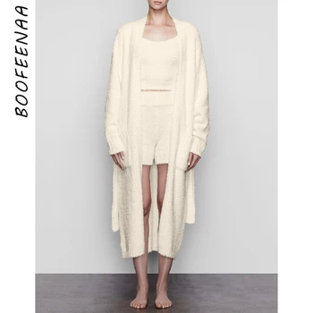 BOOFEENAA Hyggelige Lounge Wear Hjemme Fluffy Sweater 3 delt Sæt Kvinder Outfits Vinter 2020 Cardigan Matchende Sæt C97-ACH84