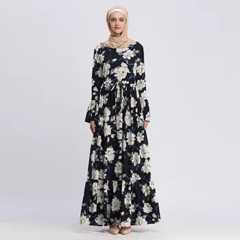 Wepbel Big Swing Muslimske Kvinder Kjoler Med Lange Ærmer Flora Trykt Abaya Løs Høj Talje Robe Kaftan Kimono Exta-Long Maxi Dress