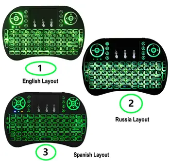 Genopladelige i8 Baggrundslys russiske DA spansk arabisk Mini-tastatur, touchpad luft musen til Android Smart TV-Box PC remote control