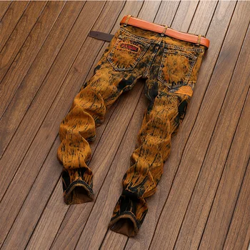 Vintage Jeans Mænd Tie-farvet Gul Herre Nødlidende Jean Rippet Broderi Denim Jeans til Mænd Nye Designer Bukser Stor Størrelse 40 42