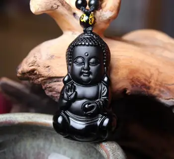 Smukke Kinesiske Håndarbejde Naturlig Sort Obsidian Skåret Baby Buddha Amulet Heldig Vedhæng + Perler halskæde Mode Jad e Smykker