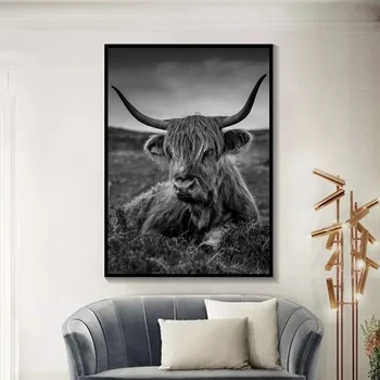 Minimalistisk Farm Animal Lærred Maleri Sort Highland Ko Væg Kunst Highland Bull Plakater og Sne Udskriver Billeder til Drenge Værelset