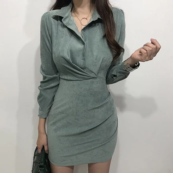 YAMDI koreanske solidt turn-down krave kjole kvinder 2020 ny kvinde tøj-knappen for enkelt-breasted mini kjoler kvindelige dame vestido