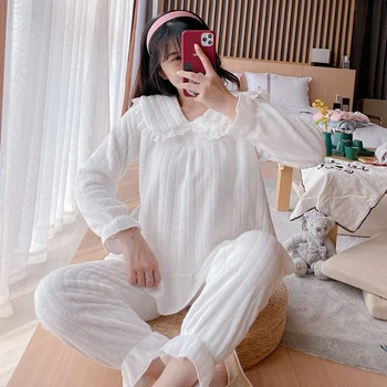Tyk, Varm Langærmet Skjorte Pyjamas-Sæt Kvinder 2020 Vinter Søde Blonder Coral Velvet Nattøj Homewear Pijama Mujer Hjem Tøj