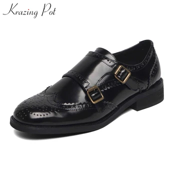 Krazing pot stjernede populære Britiske stil brogue skåret sko mode spænde stropper, rund tå kvinder daglige slid fritid pumper L12