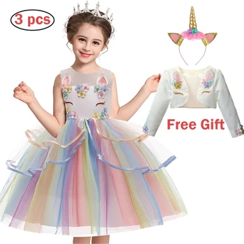 Børn Kjoler For Piger Rainbow Unicorn Dans Kjole 2021 Ny Blomst Piger Kjoler til brylluppets Baby Børn Vestido 2 til 10 Y