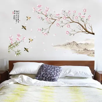 Magpie Peach Blossom Wall Stickers Kinesisk Stil Tapet Stue-TV Baggrund vægdekoration selvklæbende Soveværelse Indretning