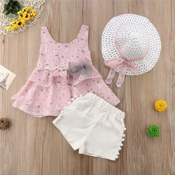 2019 Nye Sommer Piger Tøj Indstille Mode Blomster Print Sundress Pearl Bue Kjole+Shorts+solhat, der Passer 3STK Baby Piger Tøj