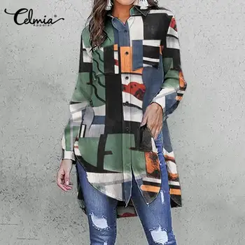 Smarte Toppe Celmia dametøj Efteråret Revers langærmet Bluser Vintage Print Patchwork Blusas Mujer Casual Løs Shirts