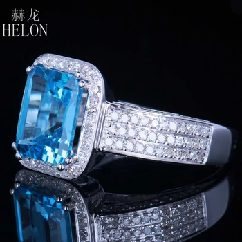 HELON Solid White 10K Guld Smaragd 9x7MM 3.3 ct Ægte, Naturlig Blå Topas Naturlige Diamanter Engagement Bryllup Smykker Ring