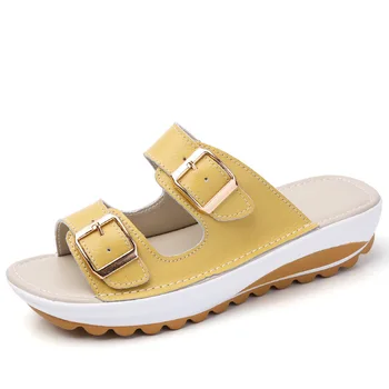Kvinder, tøfler spænde ægte læder sko slides solid tyk sål hæle beach sandaler kvinder uden klip-klappere sommeren 2020 ert5