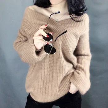 Efterår og vinter kvinder Knitwear sexy-V-Neck tops Lanterne ærme strikkede cashmere koreansk stil sweater, Pullover