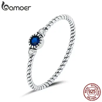 Bamoer Blue Zircon Finger Ringe til Kvinder 925 Sterling Sølv Retro Engagement Bryllup Smykker Mode Tilbehør SCR693