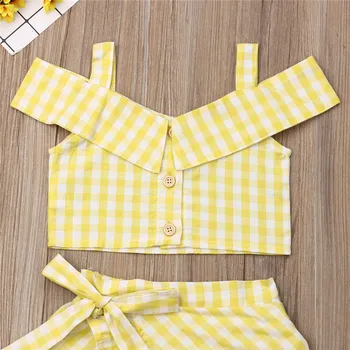 Toddler Baby Sommer Tøj Kid Baby Pige Plaid Tøj Vest Afgrøde Top Off Skulder Shirt + Uregelmæssig Nederdel 2stk Tøj Sæt