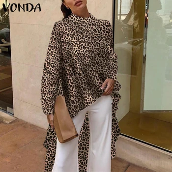 VONDA 2021 Kvinder Leopard Bluser Sexet langærmet Vintage Print Bluse Kvindelige Kontor-Shirt Løs Asymmetrisk Lang Top Plus Størrelse