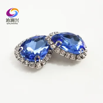Top kvalitet Silver bunden Glas Krystal spænde,Lys blå Dråbe form sy på rhinestones med huller,Diy/bryllup dekoration