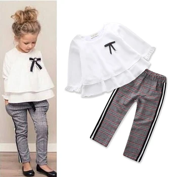 Toddler Baby Børn Piger Outfits Flæsekanter T-Shirt, Toppe+Tjekket Bukser Tøj Sæt Lange Ærmer Efteråret Tøj Tøj
