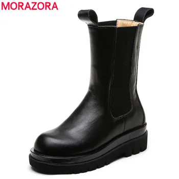 MORAZORA 2021 Ny ægte læder støvler kvinder efterår vinter ankle støvler platform Chelsea støvler slip på damer botas sort hvid