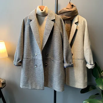 Uldne frakke kvinder er efterår og vinter 2019 nye løs mellemlang og lang polstret frakke passer til