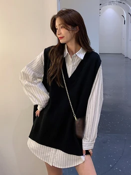 Saliency Tøj Kvinder 2020 Efteråret og Vinteren koreansk Mode Løs Sort Strikket Vest Stribet Hvid Skjorte To delt Sæt til Kvinder