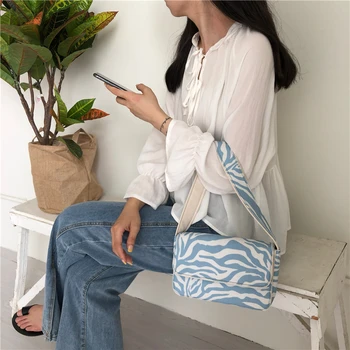 Vintage Design Kvinder Lærred Baguette Håndtasker Blå Zebra Mønster Damer Skulder Tasker Mode Kvindelige Små Tote Kobling Pung