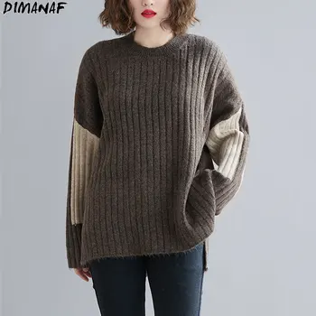 DIMANAF 2021 Plus Size Kvinder Trøjer, Strik Varm Patchwork Stil Stribet Mode Afslappet Stil Vintage Efteråret Nye Løse Toppe