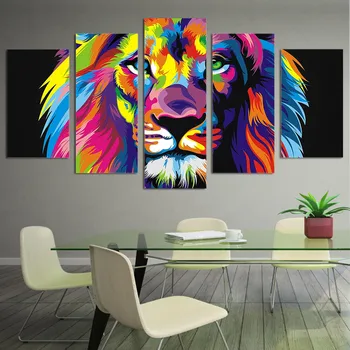 Lærred Plakater Home Decor Væg Kunst Ramme 5 Stykker Farverige Lion Malerier Til stuen HD Udskriver Abstrakte Billeder med Dyr