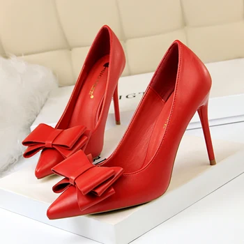 Søde bue kvinder høje hæle pumper Damer sko 2018 sexet spids tå 10cm tynd hæle 7 farver bryllup sko plus size kvinde 34-43
