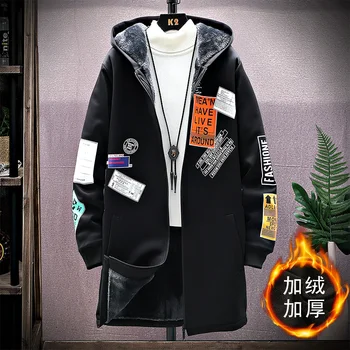 Fleece Vinter Jakke Mænd Print Japansk Hooded Lang Trench Coat Black Hip Hop Streetwear Tyk Mænds Jakker
