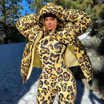 Shestyle Leopard 2021 Foråret Jumpsuits Kvinder Sexet Gul Lynlås I Ryggen Bodycon Nye Design Handsker Rullekrave Sportslige Udstyr