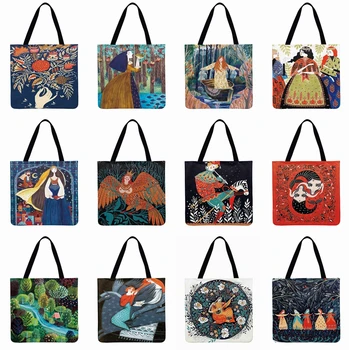 Damer Skuldertaske Skov Pige Print Tote Bag Tegnefilm Illustrationer Casual Totes Foldable Shopping Bag Offentlig Strand Taske