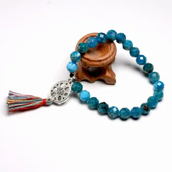 Healing Energi Armbånd Naturlig Gemstone snitfladen Apatit Perler Armbånd Til Kvinder Lotus Kvast Charme Yoga Meditation 8MM