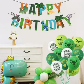 Happy Birthday Banner Garland Dinosaur Latex Balloner Jungle Dyr Part Forsyninger Børn, Baby Shower, Fødselsdag Indretning Globos