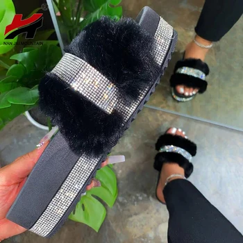 2020 Kvinders Sko, Bling Bling Pels Tøfler Udendørs Flade Sandaler Solid Farve Rhinestones Mode Plus Størrelse