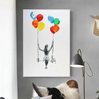 Moderne Kunst Farverig Ballon Swing Abstrakt Billede Indretning Lærred Maleri Plakater Og Prints Pige Swing Væg Kunst, Dekoration