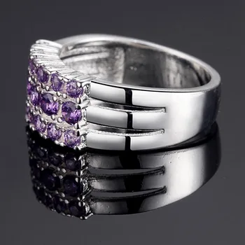 Cellacity Tredobbelt række Ametyst Ring for Kvinder AAAAA Zircon Sølv 925 Smykker Runde Sten af Høj Kvalitet Kvindelige Part Smykker