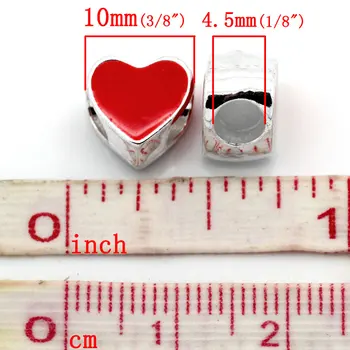 DoreenBeads Europæiske Charme Perler Hjerte Sølv farve Emalje Red 10x10mm,Hul:Ca:4.5 mm 20PCs ny