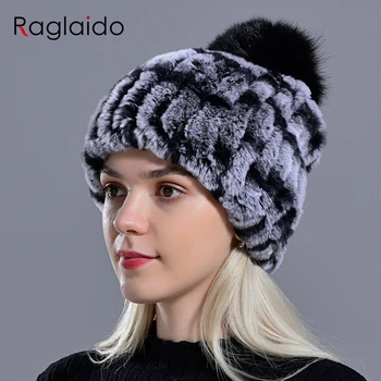 Vinter pels hatte til ladys Kvinders Rex kaninpels Caps Huer Fast Elastisk Vinter Mode Tilbehør fox fur Pompom Hat