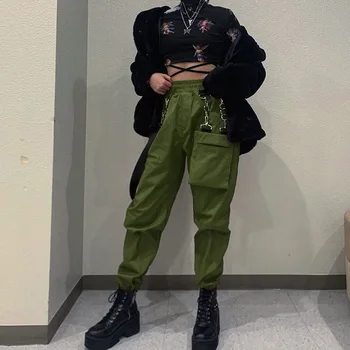 Kvinder Fashion Streetwear Cargo Pants Med En Lomme Army Grøn Ankel Længde Kvindelige Joggere Løse Bukser Casual Koreansk Stil Bukser
