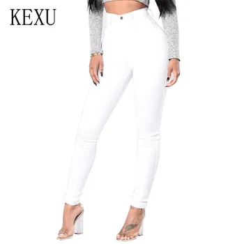 KEXU Hvide Skinny Jeans Kvinder med Høj Talje Elastisk Denim Bukser Plus Size Bukser