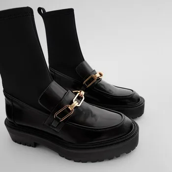 Slank Strække Loafers Sok Støvler 2020 Brand Designer Sort Læder Strikket Ankel Støvler til Kvinder Metal Kæde Platform Sko Kvinde