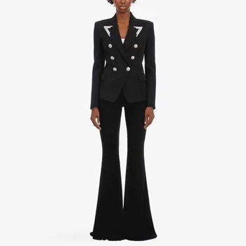 Ailigou 2020 Nye Kvinder Suit Jakke Fashion Boutique Tunge Håndværk Diamant Beaded Dobbelt Breasted V-Hals Sexet Slank Pels