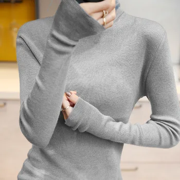 Efterår og vinter nye lange ærmer strikket top kvinders solid farve strikket base sweater 2020