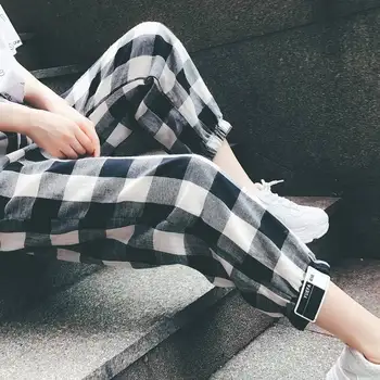 Koreansk Stil Kvinder Mid Talje Lige Plaid Print Ankel-Længde Bukser Snor Løs Lommer Bukser Kvindelige 2019 Efteråret Piger