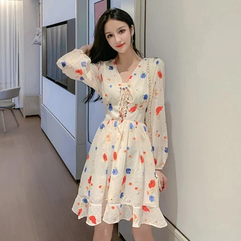 Løs Nye Mode 2019 Afslappet Sommer Kjole Kort A-linje Chffion Kjoler koreanske Vintage Bue V Nekc Blomstret Kjole