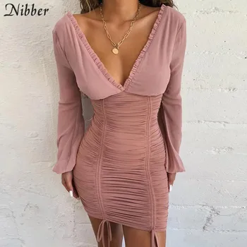 Nibber efteråret sexet fest aften kjoler kvinder 2019 club, se-gennem bodycon kjole Grundlæggende sort pink kort Hip kjoler mujer