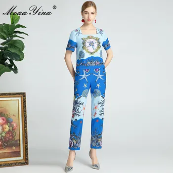 MoaaYina Mode Sæt Sommer-Kvinder ' s Square Krave, Korte ærmer Beaded Conch Shell Søstjerner Tops+Bukser To-delt sæt