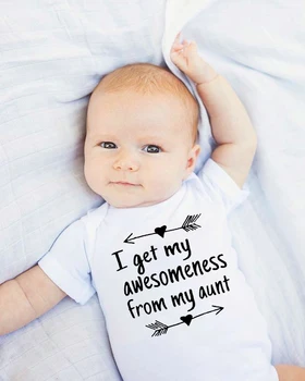 Jeg Får Min Awesomeness Fra Min Tante Print Sjove Nyfødte Baby Sparkedragt Nyfødte Drenge Piger Mode Kortærmede Buksedragt Outfit