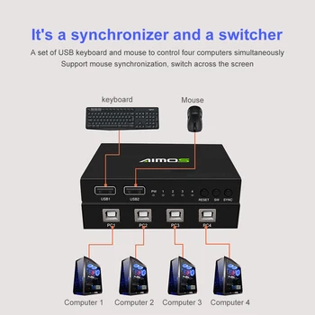 Mus Synkronisator Controller med en enkelt knap fire-ports USB-Tastatur KVM Switch Splitter Computer Synchronizer USB-Synchronizer