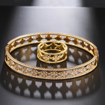 Kvinder ' s flower armbånd ring to delt sæt i høj kvalitet zircon plante, blomst hule design smykker sæt 2stk